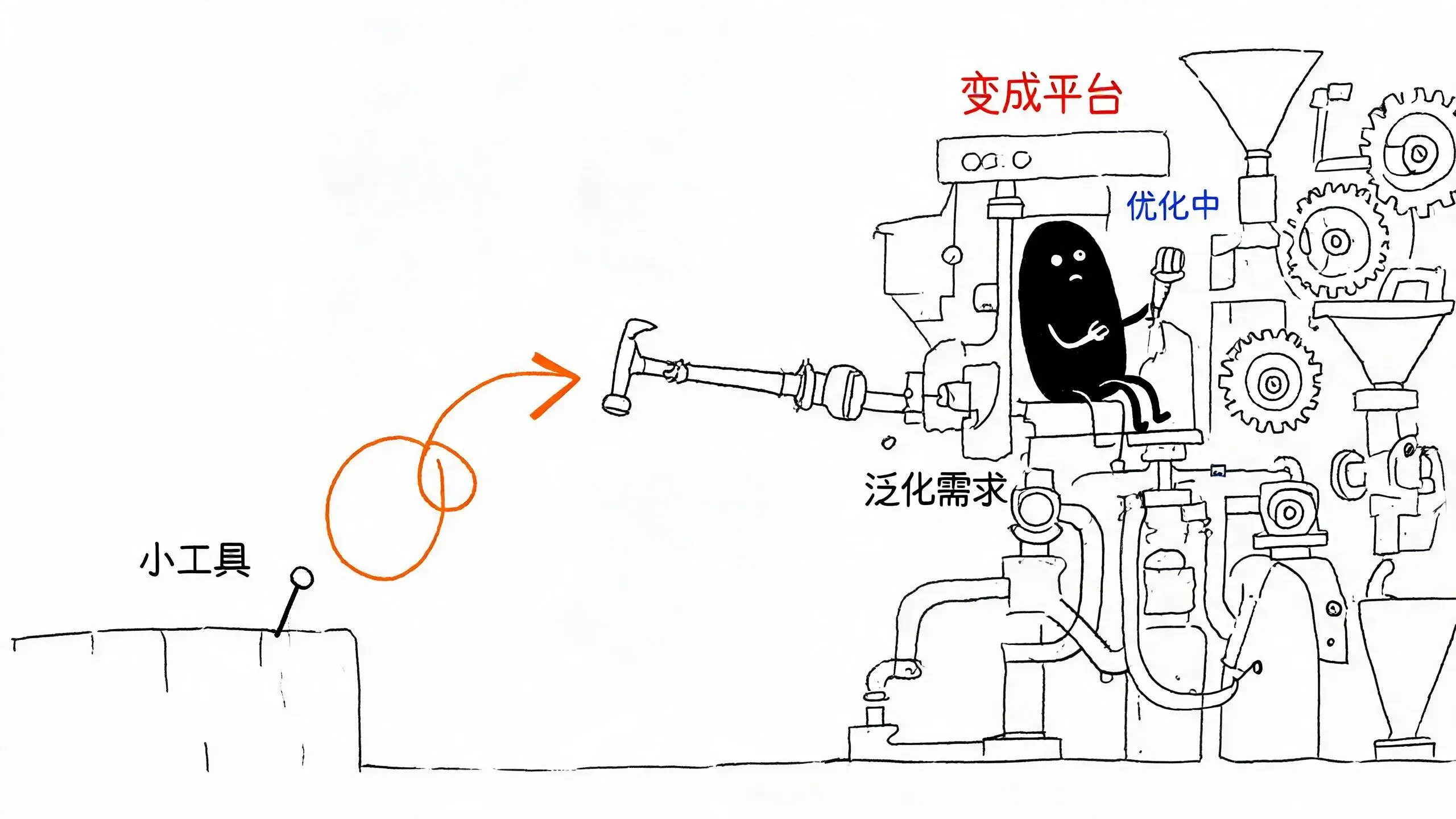小黑坐在庞大机器的核心操作拉杆,机器的机械臂举着一把小锤子,瞄准远处墙上一颗写着"小工具"的钉子